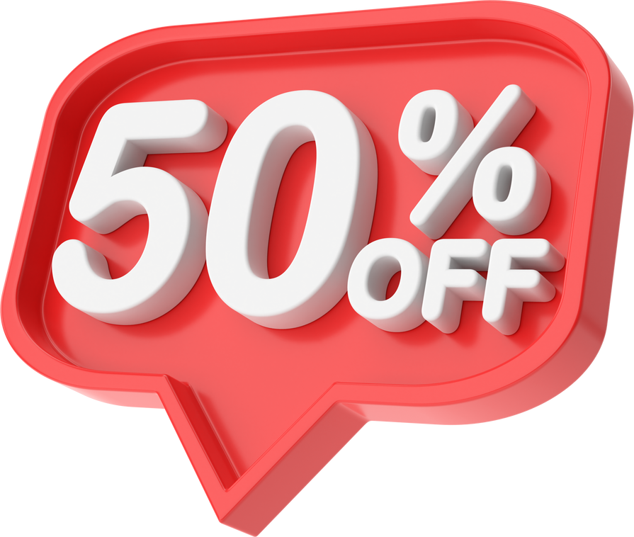 3D fifty percent off. 50% off. 50% sale.